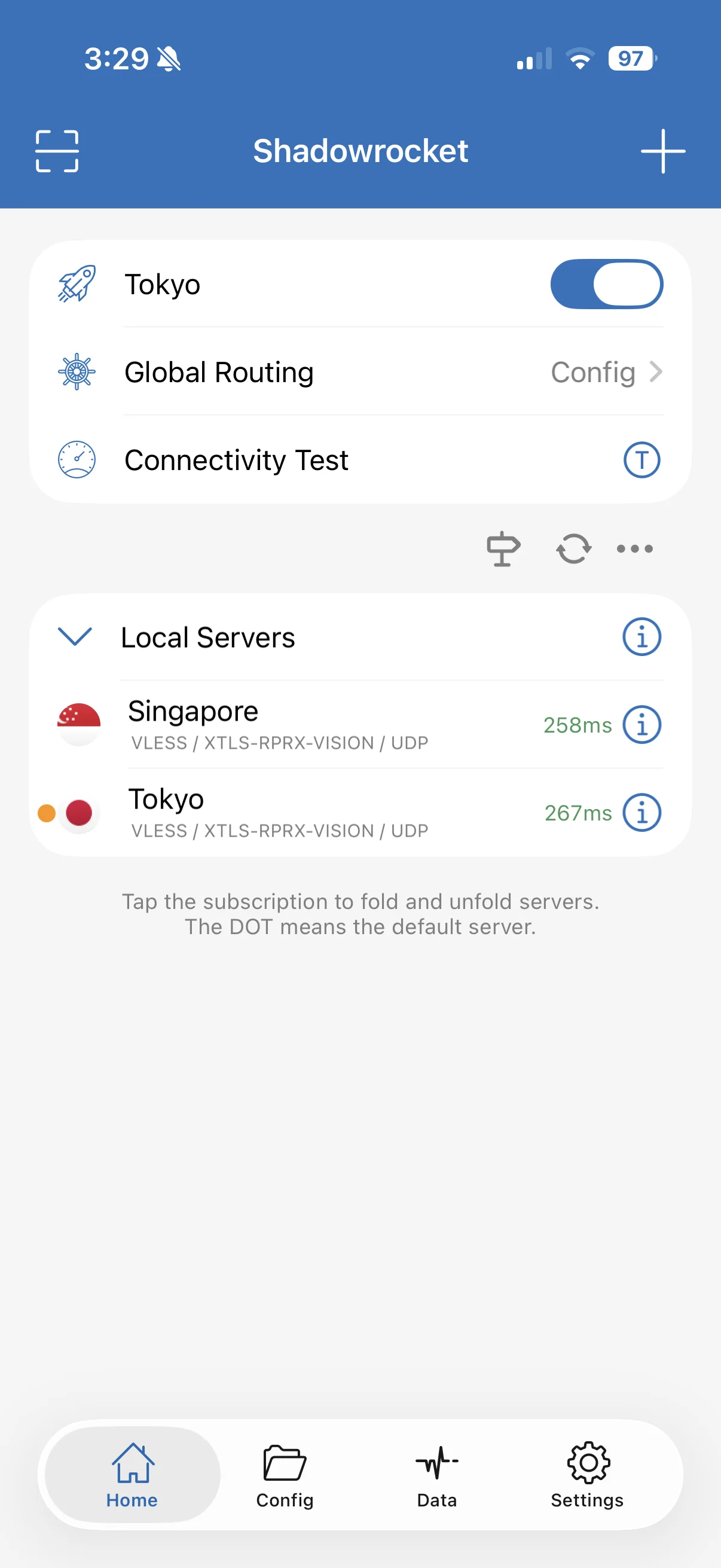 Shadowrocket showing Tokyo and Singapore local VLESS servers.